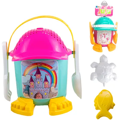 BALDE DE PRAIA COM PA + ANCINHO / RASTELO + 2 MOLDES E PENEIRA JUJU NA REDE