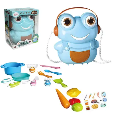 KIT COZINHA INFANTIL COM FRIGIDEIRA + PANELA E ACESSORIOS FROG SATCHEL KITCHEN SET 14 PECAS NA MALETA SAPO