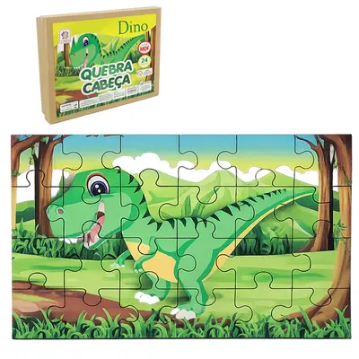 QUEBRA CABECA DE MADEIRA MDF DINO COM 24 PECAS NO ESTOJO