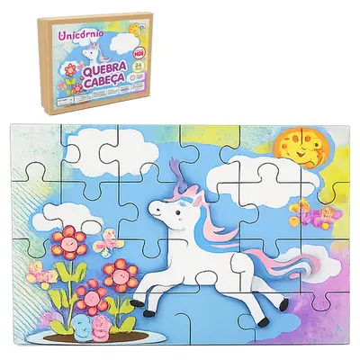 QUEBRA CABECA DE MADEIRA MDF UNICORNIO COM 24 PECAS NO ESTOJO
