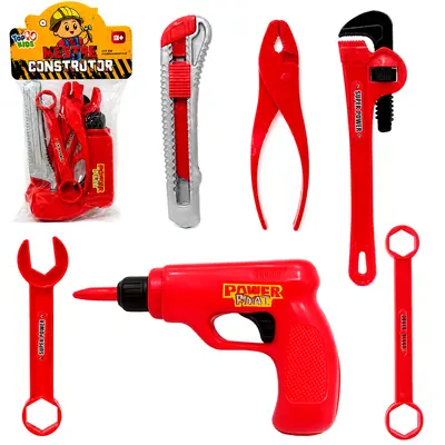 KIT FERRAMENTA INFANTIL COM FURADEIRA + ESTILETE E ACESSORIOS MESTRE CONSTRUTOR TOP KIDS 6 PECAS