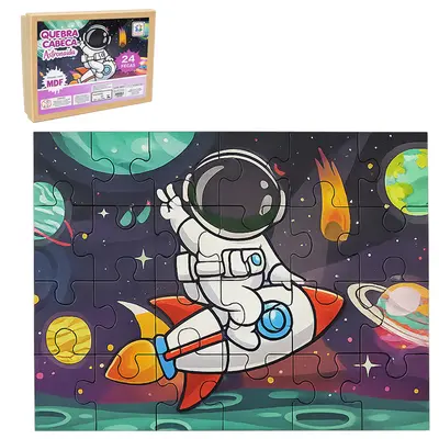 QUEBRA CABECA DE MADEIRA MDF ASTRONAUTA COM 24 PECAS NO ESTOJO