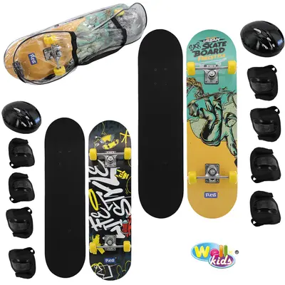 KIT SKATE COM SHAPE DE MADEIRA LIXA + TRUCK DE ALUMINIO E RODA DE PVC STREME FUNS 77,5X19,5CM