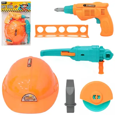 KIT FERRAMENTA INFANTIL COM CAPACETE + FURADEIRA E ACESSORIOS DIY TOOL 4 PECAS