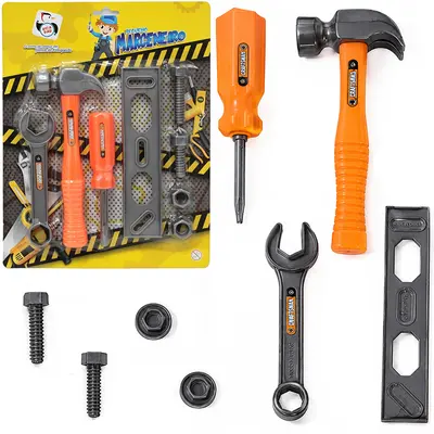 KIT FERRAMENTA INFANTIL COM MARTELO + PARAFUSO E ACESSORIOS PEQUENO MARCENEIRO 8 PECAS