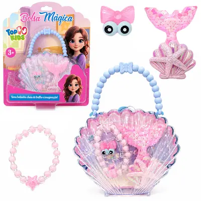 KIT BELEZA / BIJUTERIA INFANTIL PULSEIRA + ANEL E ACESSORO PARA CABELO PRESILHA NA BOLSA CONCHA TOP KIDS
