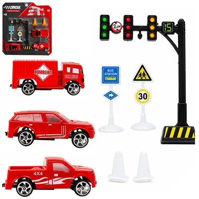 KIT VEICULO COM CAMINHAO BOMBEIRO COM ACESSORIOS MAX SPEED RODA LIVRE 8 PECAS