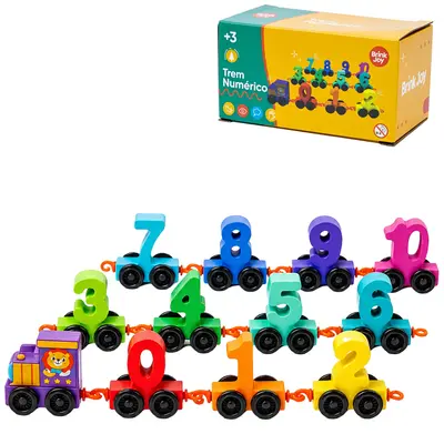 TREM / TRENZINHO LOCOMOTIVA DIDATICO EDUCATIVO 11 VAGOES NUMERICO DE MADEIRA BRINK JOY RODA LIVRE