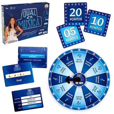 JOGO QUAL E A MUSICA SBT COM 224 CARTAS + 36 FICHAS DE PONTOS + ROLETA E AMPULHETA