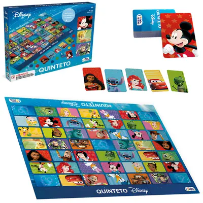 JOGO QUINTETO DISNEY COM 80 FICHAS + 56 CARTAS + 2 PEOES E TABULEIRO