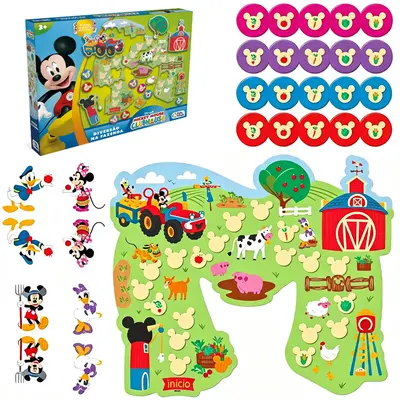JOGO DIVERSAO NA FAZENDA MICKEY MOUSE CLUBHOUSE DISNEY JR COM TABULEIRO 16 PECAS + 20 FICHAS + 5 ACESSORIOS