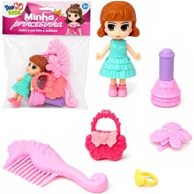 BONECA MINHA PRINCESINHA COM BOLSA + PENTE E ACESSORIOS TOP KIDS 6 PECAS