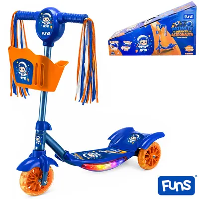 PATINETE ASTRONAUTA FUNS COM 3 RODAS E CESTINHA + SOM E LUZ A PILHA 62X60X19CM