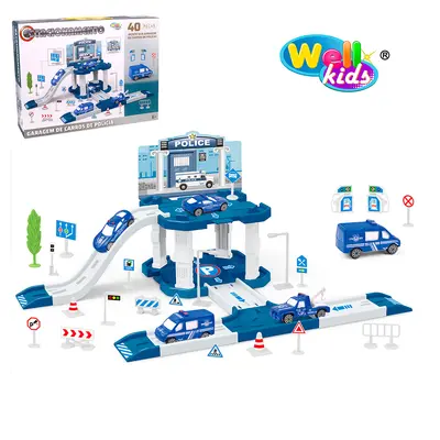MONTA MONTA GARAGEM / PISTA ESTACIONAMENTO DE POLICIA COM CARRO + ACESSORIOS 40 PECAS WELLKIDS