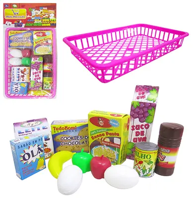 KIT COZINHA INFANTIL COM CESTA MINI MERCADO E ACESSORIOS NA SOLAPA