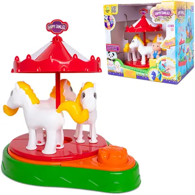 KIT PARQUE DE DIVERSAO CARROSSEL CAVALO COM PORCO HAPPY FAMILIES 25X24CM NA CAIXA