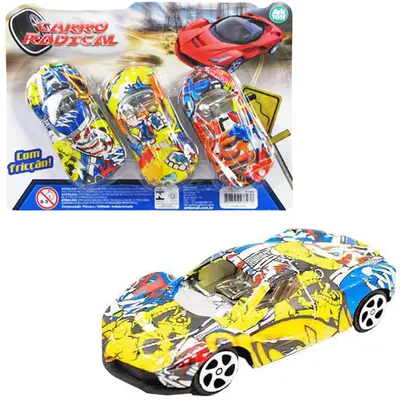 CARRO GRAFITADO A FRICCAO PULL BACK RADICAL COM 3 PECAS NA CARTELA