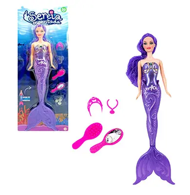 BONECA SEREIA ENCANTADA COM ESCOVA + ACESSORIOS E LUZ A BATERIA 4 PECAS NA CARTELA
