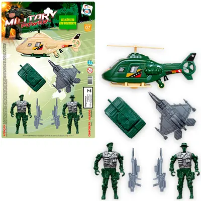 BONECO SOLDADO MILITAR COM ARMA + HELICOPTERO E ACESSORIOS MILITARY POWER 7 PECAS