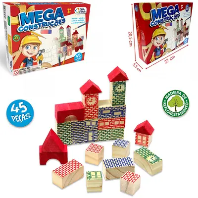JOGO MEGA CONSTRUCOES DE MADEIRA COM 45 PECAS COLORS