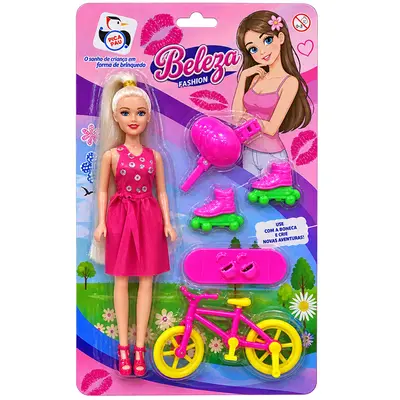 BONECA TINA PARQUE COM BICICLETA + SKATE + PATINS E CAPACETE 6 PECAS