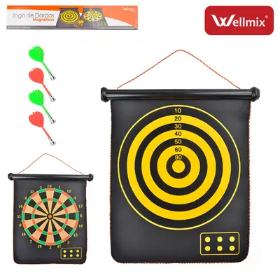 JOGO DE DARDOS COM ALVO DUPLA FACE + 4 DARDOS MAGNETICO 33X28CM NA CAIXA