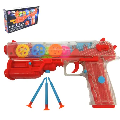PISTOLA LANCA DARDO VENTOSA COM 3 DARDOS FUTURISTA + SOM E LUZ TRANSPARENTE A PILHA