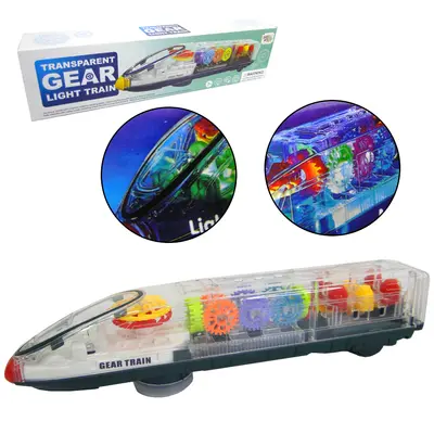 TREM BALA BATE E VOLTA FUTURISTA GEAR LIGHT TRAIN COM SOM E LUZ TRANSPARENTE A PILHA