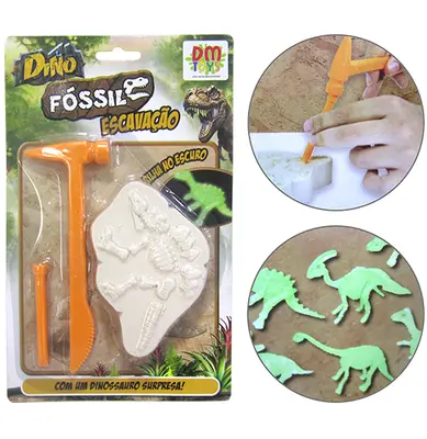 DINOSSAURO FOSSEIS ESCAVACAO COM 1 DINO BRILHA NO ESCURO + PEDRA DE GESSO E ACESSORIOS