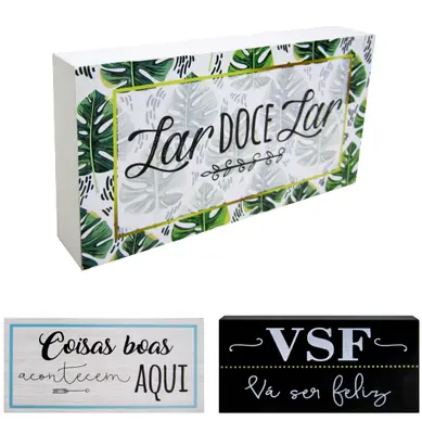 ENFEITE FRASES SORTIDAS DE MADEIRA MDF 20X10X3CM