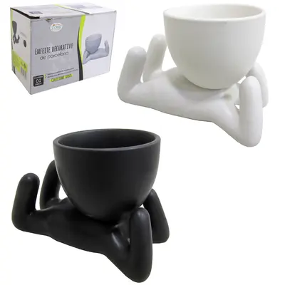 VASO DECORATIVO ROBERT PLANT DEITADO DE PORCELANA PRETO/BRANCO 12X8CM