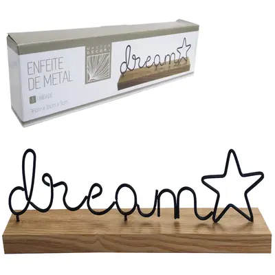 ENFEITE PALAVRA DREAM DE METAL PRETO COM BASE MADEIRA 36X10X5CM