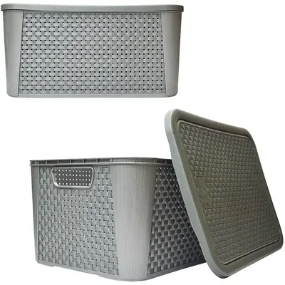 CESTO CAIXA ORGANIZADOR DE PLASTICO RETANGULAR RATTAN COM TAMPA + ALCA CINZA / PRATA Nº3 38X28X19CM