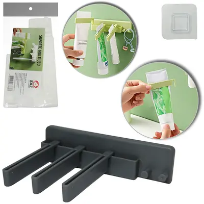 PORTA ESCOVA DENTAL DE PAREDE DE PLASTICO COM 5 GANCHOS AUTOADESIVO 13X8X6CM