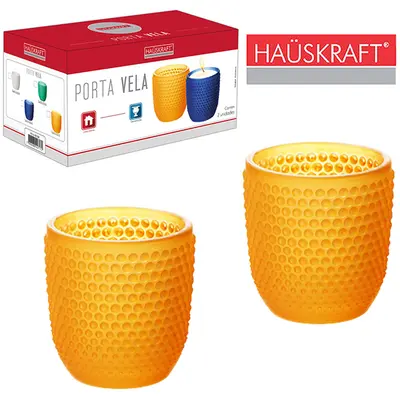 PORTA VELA / CASTICAL DE CRISTAL REDONDO LARANJA HAUSKRAFT 2 PECAS 7,5X7CM DE Ø