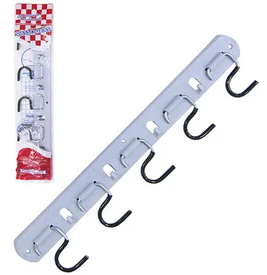 SUPORTE PORTA VASSOURA COM 5 ENCAIXES E 4 GANCHOS DE PLASTICO / METAL 48X9,5X2,5CM NA SOLAPA
