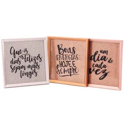 QUADRO DECORATIVO 25X25CM COM MOLDURA PLASTICO FUNDO GLITTER METALIZADO FRASES