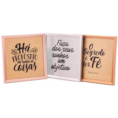 QUADRO DECORATIVO 25X25CM COM MOLDURA PLASTICO FUNDO GLITTER METALIZADO FRASES