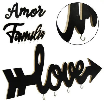 PORTA CHAVE DE MADEIRA MDF AMOR / FAMILIA / LOVE COM 4/5 GANCHOS DE METAL 29,5X13CM