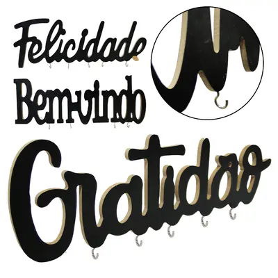 PORTA CHAVE DE MADEIRA MDF BEM VINDO / FELICIDADE / GRATIDAO COM 5 GANCHOS DE METAL 29,5X11CM
