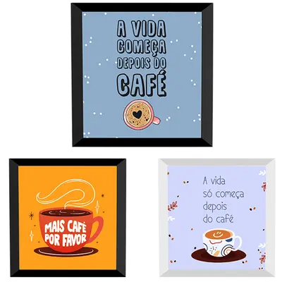 QUADRO DECORATIVO 25X25CM COM MOLDURA DE PLASTICO FRASES CAFE PRETO / BRANCO