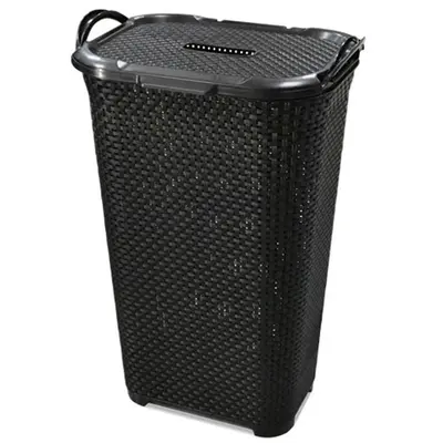 CESTO DE PLASTICO RETANGULAR PARA ROUPA RATTAN COM TAMPA E ALCA PRETO 61X40X30CM
