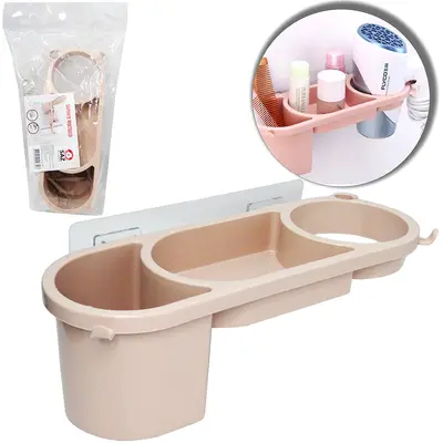 SUPORTE DE PAREDE DE PLASTICO PARA SECADOR DE CABELO COM PORTA OBJETOS + 2 GANCHOS AUTOADESIVO