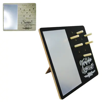 ESPELHO DE MESA RETANGULAR E PORTA JOIAS COM 6 GANCHOS DE MADEIRA MDF 24X20CM