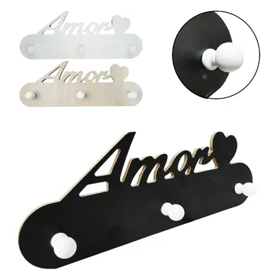 PORTA CHAVE / CABIDEIRO DE MADEIRA MDF AMOR COM 3 GANCHOS COLORS 30X11,5CM