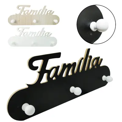 PORTA CHAVE / CABIDEIRO DE MADEIRA MDF FAMILIA COM 3 GANCHOS COLORS 30X11,5CM