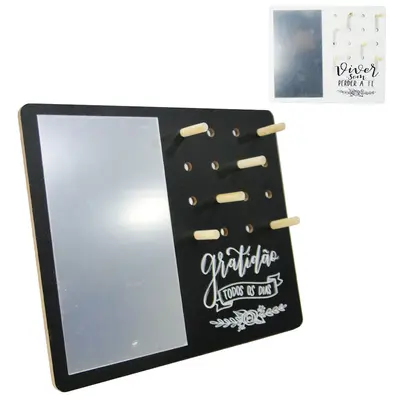 ESPELHO DE MESA RETANGULAR E PORTA JOIAS COM 6 GANCHOS DE MADEIRA MDF 24X20CM