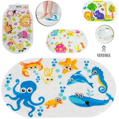 TAPETE DE PISO DE PVC OVAL PARA BANHEIRO INFANTIL COM VENTOSA ESTAMPAS SORTIDAS 64X33CM