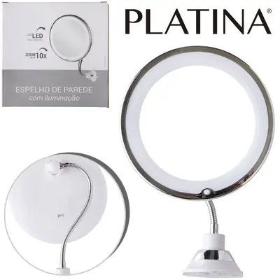 ESPELHO DE MESA / PAREDE FLEXIVEL 360º COM LED + VENTOSA AUMENTA 10X A PILHA PLATINA 41,5X17,5CM DE Ø