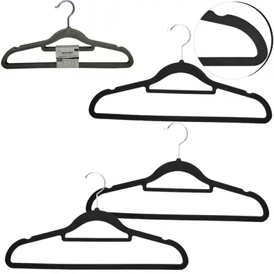 CABIDE ROUPA DE PLASTICO REVESTIDO EM VELUDO COM CAVA PRETO 3 PECAS 41X21,5CM 5MM
